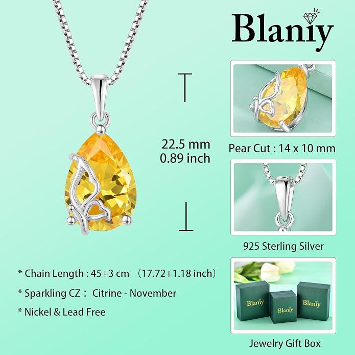 Teardrop Necklace 925 Sterling Silver Butterfly Pendant Necklace Birthstone Jewelry for Women