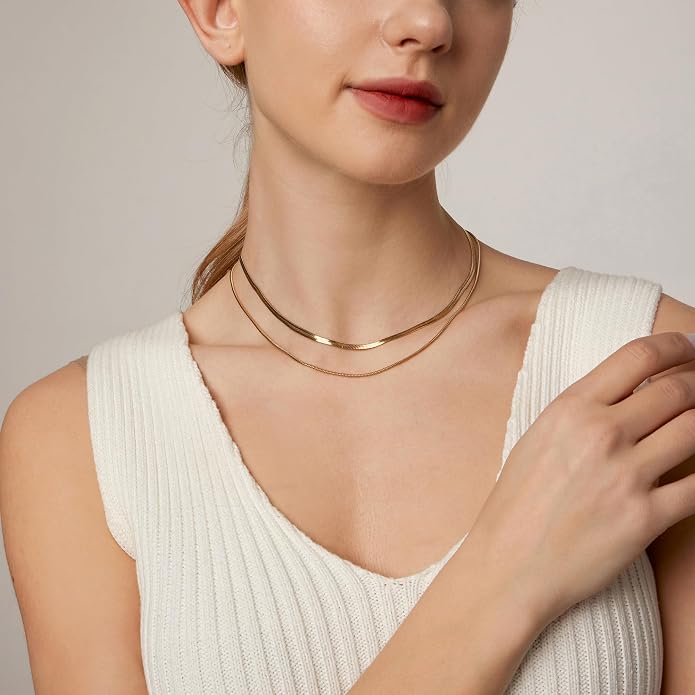 18K Gold Plated Layered Herringbone Necklaces for Women Dainty Layering Beaded Snake Chain Choker Moon Coin Pendant Necklace Trendy Stainless Steel Jewelry
