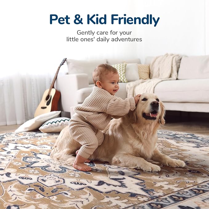 Lessymo 3 x 5 Area Rugs for Living Room- Machine Washable Area Rugs Boho Faux Wool Low Pile Area Rug for Bedroom Floral Medallion Vintage Rugs with Non-Slip Rubber, Kid & Pet Friendly,Brown Beige