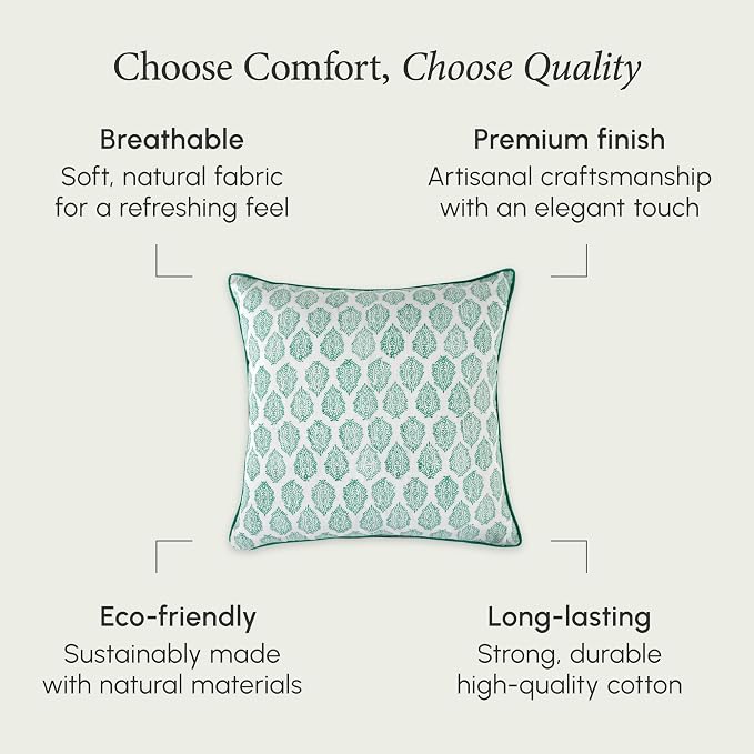 CPC 100% Cotton Throw Pillow Covers 24x24 Inch, Set of 2 Green Block Print Pattern Couch Pillow, Cute Boho Decorative Pillows for Living Room, Bedroom with Hidden Zipper- Sea Green