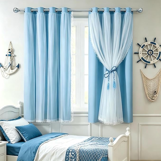 Short Blue Blackout Curtains 63 Inch Length with Sheer - Double Layered Light Blue Grommet Window Treatment for Kids/Children's Boys Bedroom Living Room Nursery, Baby Blue, 2 PCs