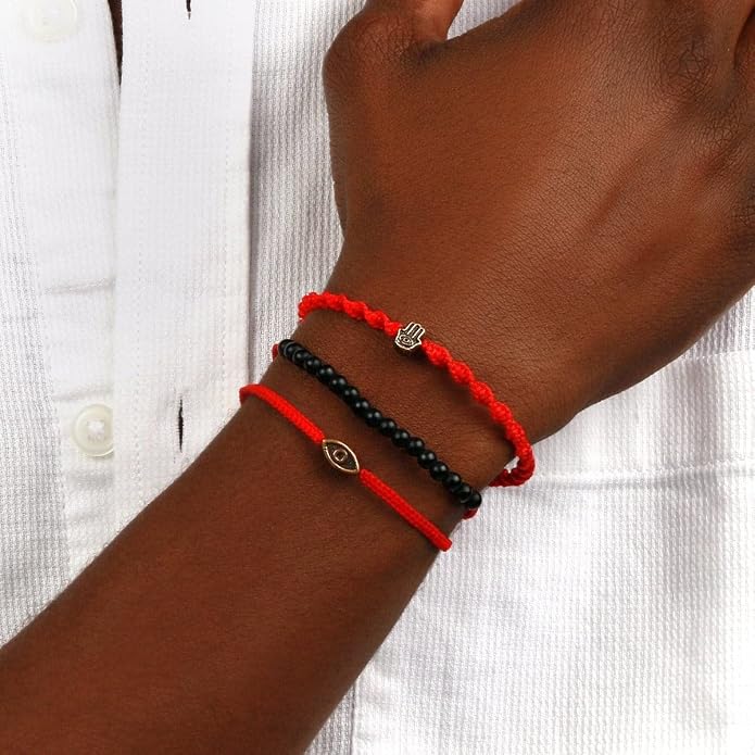 KARMA AND LUCK - Brave Gaze - Men's Real Matte Onyx/Jade Stone Bronze Brass Evil Eye Charm Red String Adjustable Drawstring Closure Bracelet Handmade with Love in Bali