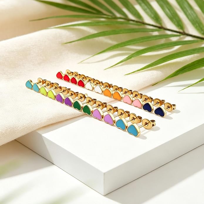 JMLOON 12 Pairs Enamel Flat Back Stud Earrings Surgical Stainless Steel Round Heart Star Square Hexagon Screw Back Stud Earrings
