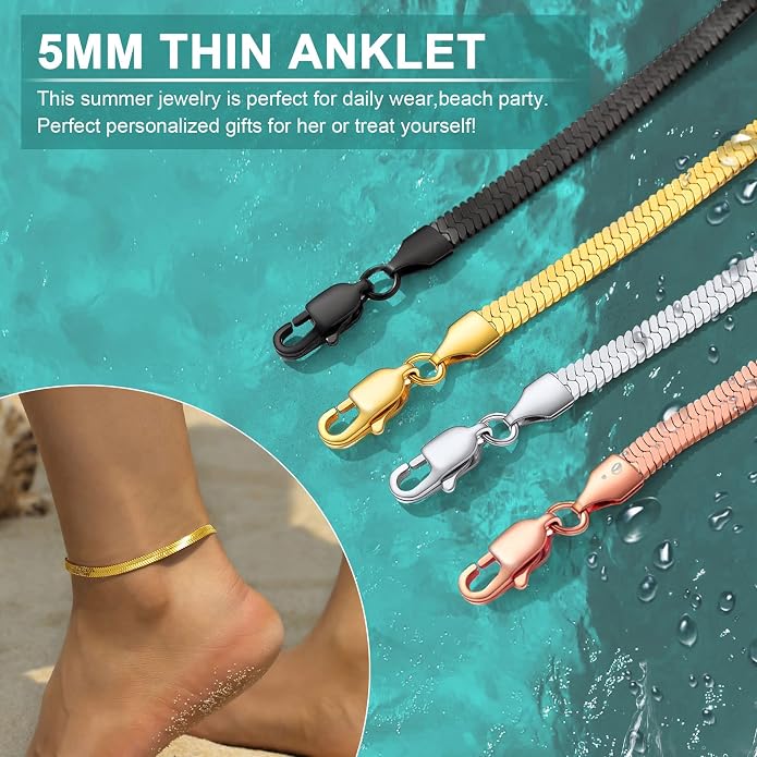 GoldChic Adjustbale Link Chain Anklet for Women Summer Jewelry, 316L Stainless Steel Figaro/Wheat/Twist Rope/Cuban Foot Bracelet-Waterproof, Resizable 9"-12" (Gift Box Included)