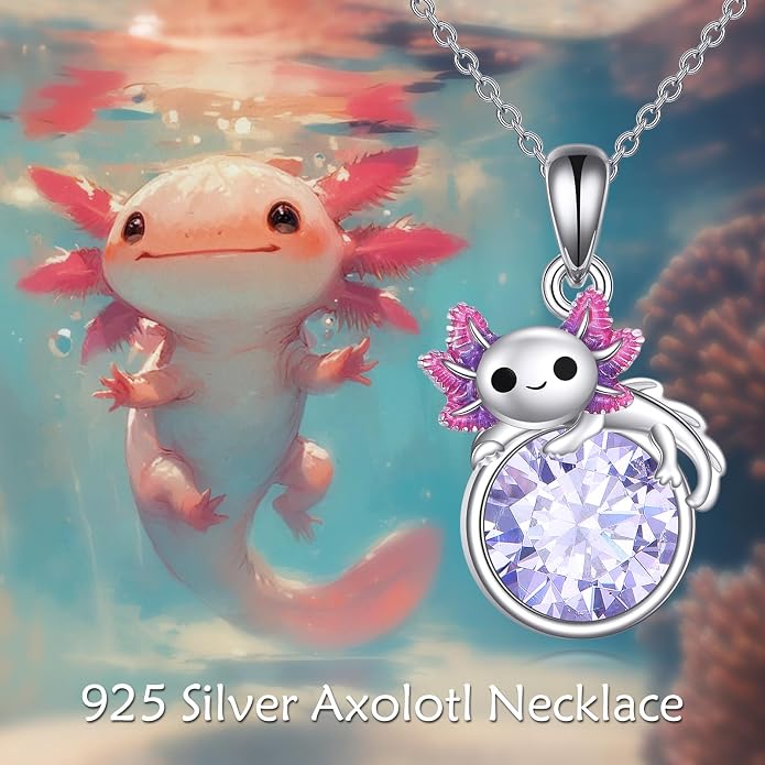 Birthstone Axolotl Necklace Sterling Silver Axolotl Pendant Cubic Zirconia Jewelry Birthday Gifts for Women Men