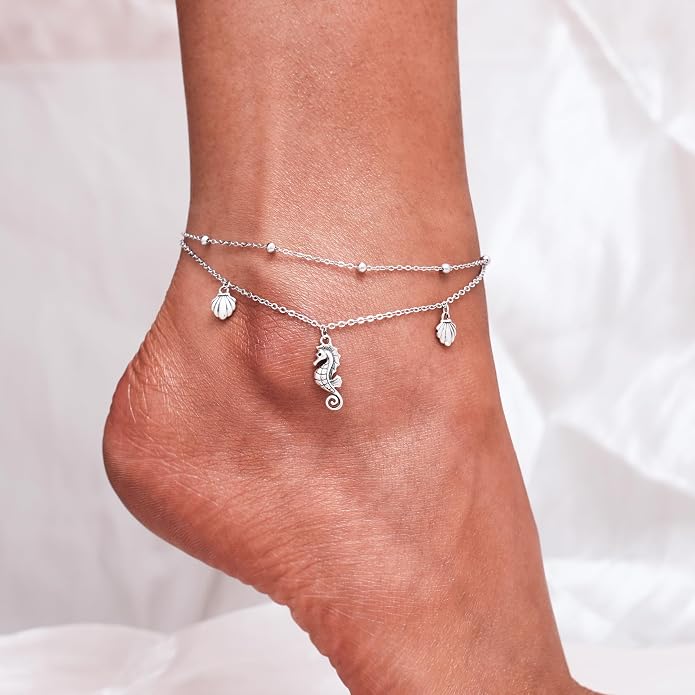CHIC & ARTSY 925 Sterling Silver Ankle Bracelets for Women, Adjustable Layered Foot Chains with Nature & Symbol Charms, Lightweight Comfort Fit Boho Beach Everyday Jewelry