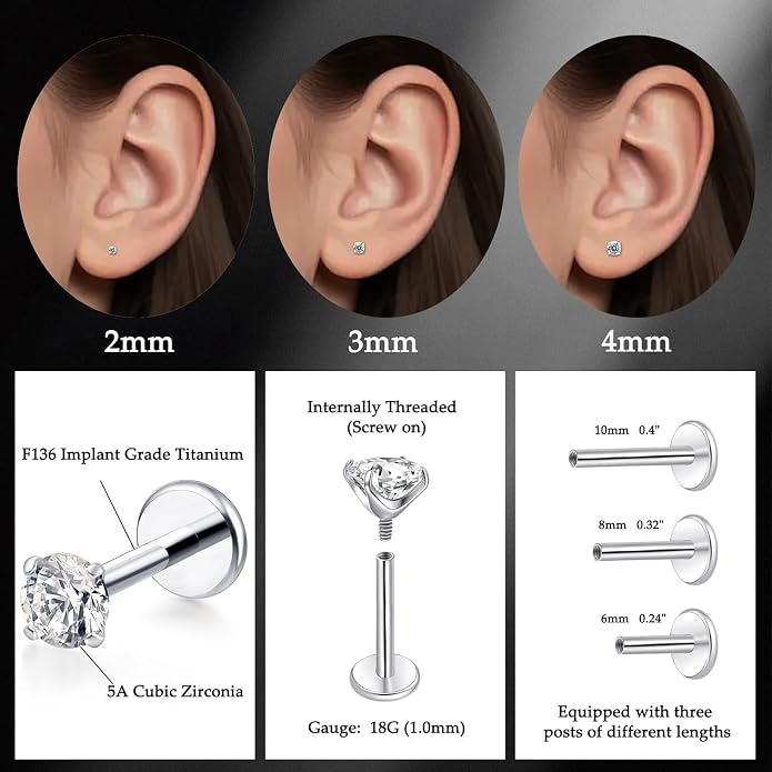 limerencia 2 Pieces Titanium Hypoallergenic Piercing Jewelry 18G 6mm 8mm 10mm Flat Back Internally Threaded Studs Earrings for Cartilage Tragus Helix Conch