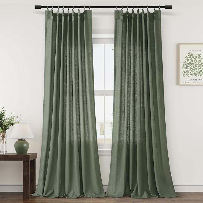 Olive Green Pinch Pleat Linen Curtains 120 Inches Long for Living Room Pleated Drapes Hooks Back Tab Light Filtering Boho Farmhouse Extra Long Semi Sheer 120 Inch Curtain for Dining Room Bedroom