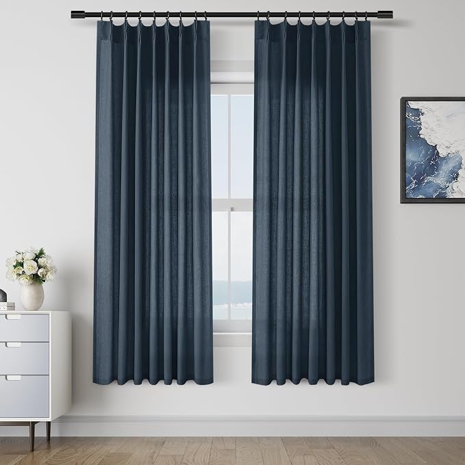 Aersas Denim Blue Pinch Pleated Linen Curtains 72 Inch Length 2 Panels for Living Room Bedroom Semi Sheer Window Curtain Boho Neutral Back Tab Pinch Pleat Drape with Hooks 40x72