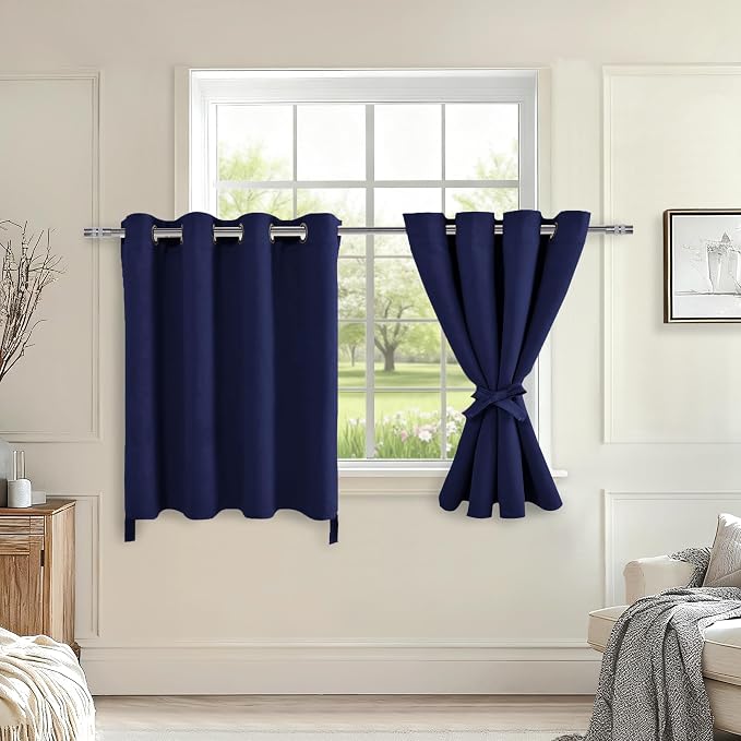 Hiasan RV Blackout Curtains for Bedroom, 52 x 30 Inches Long - Thermal Insulated & Light Blocking Window Curtains for Living Room, 2 Drape Panels Sewn with Tiebacks, Navy Blue