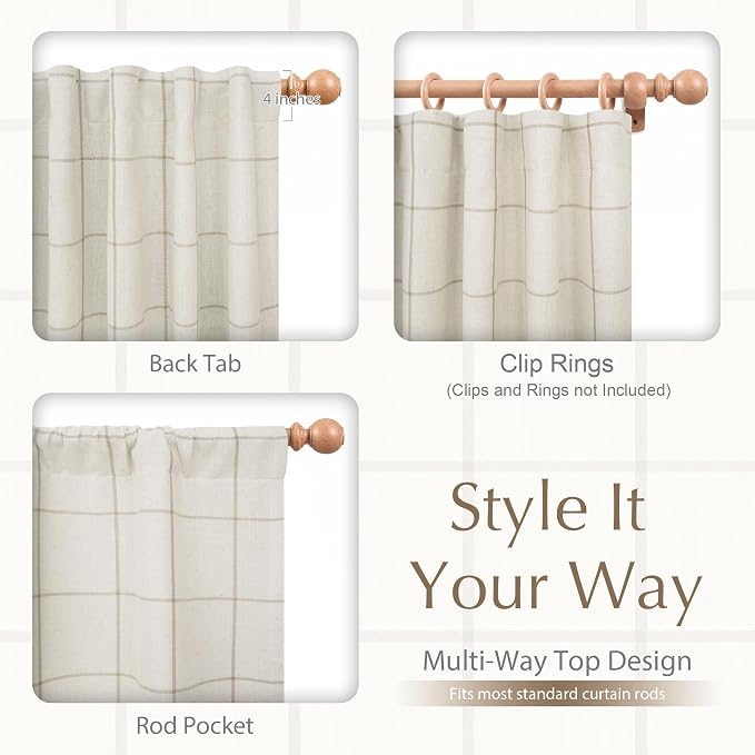 DriftAway 100% Blackout Plaid Linen Curtains 72 Inches Long 2 Panels Taupe | 100% Blackout, Linen Texture, Plaid Pattern, Two Layers, Rod Pocket & Back Tab, Bedroom Living Room Use, Luxury Appearance