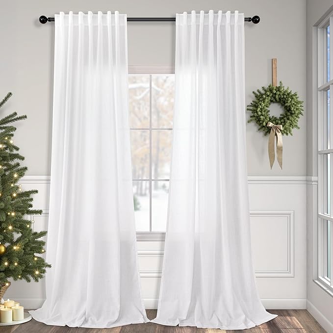 Pitalk White Linen Curtains 92 Inch Length 2 Panel for Living Room Dining Back Tab Rod Pocket Pinch Pleated Look Window Curtain Drape Rustic Farmhouse Decor Semi Sheer Curtain for Bedroom 52 x 92 Long