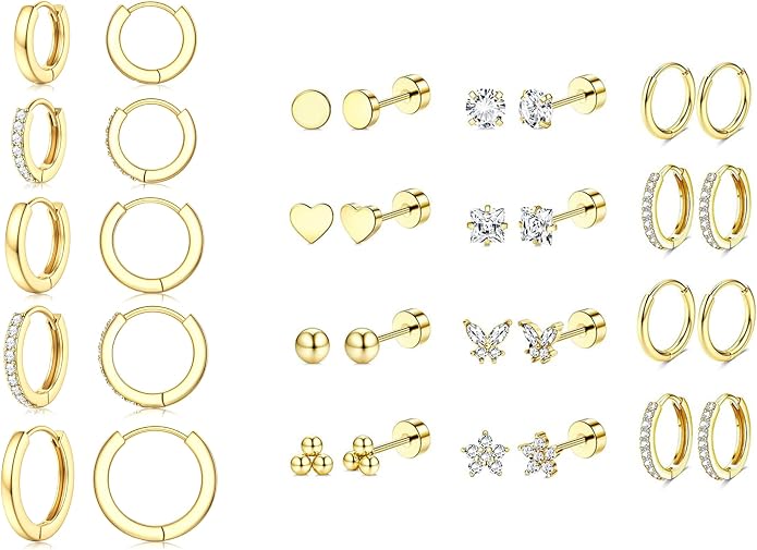 Jstyle 17 Pairs Hypoallergenic Gold Hoop Earrings for Women Flat Back Earrings for Women Surgical Stainless Steel Earrings for Sensitive Ears Small Hoop Cartilage Earring Stack Piercing Jewelry Set