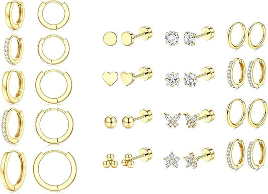 Jstyle 17 Pairs Hypoallergenic Gold Hoop Earrings for Women Flat Back Earrings for Women Surgical Stainless Steel Earrings for Sensitive Ears Small Hoop Cartilage Earring Stack Piercing Jewelry Set