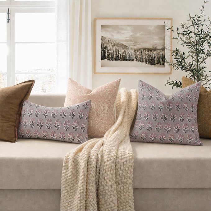 Farmhouse Floral Pillow Covers 20x20 Set of 2, Country Botanical Throw Pillow Cover for Sofa Couch Bed Living Room, Earthic Vintage Flower Cushion Covers Cottage Home Decor,Dusty Rose