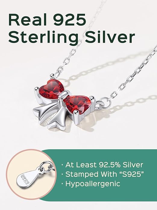 ChicSilver Bow and Cat Birthstone Necklace, 925 Sterling Silver Pendant Necklaces for Women, Hypoallergenic Silver Choker with 16 inch Rolo Chain, 12 Months Jewelry for Valentines Mothers Day Christmas