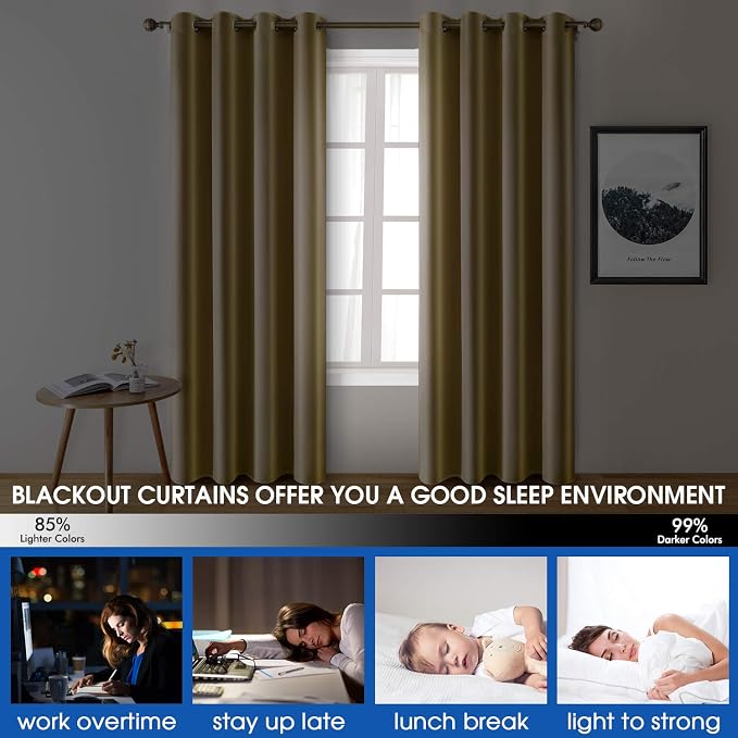 HOMEIDEAS 2 Panels Faux Silk Curtains for Living Room Gold Blackout Luxury Curtains, 52 X 63 Inch Room Darkening Thermal Insulated Christmas Window Drapes for Living Room, Bedroom Decor
