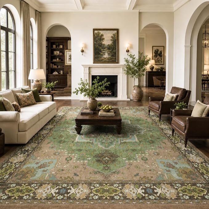 AMADA HOMEFURNISHING 9x12 Area Rug for Living Room, Vintage Washable Area Rug Low-Pile & Non-Slip Carpet for Bedroom Dining Room Nursery Home Office, Green