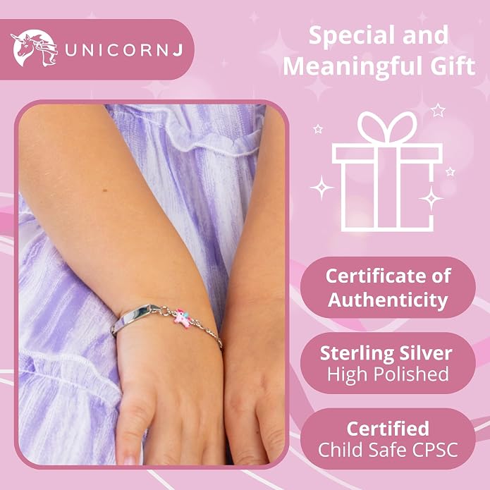 UNICORNJ 925 Italy Sterling Silver Child or Baby Name Bracelet Girls Boys, Personalized Engraved Kids ID Bracelets, 6.5" Figaro Chain, Enamel Charm Newborn Infant Toddler Kid Jewelry