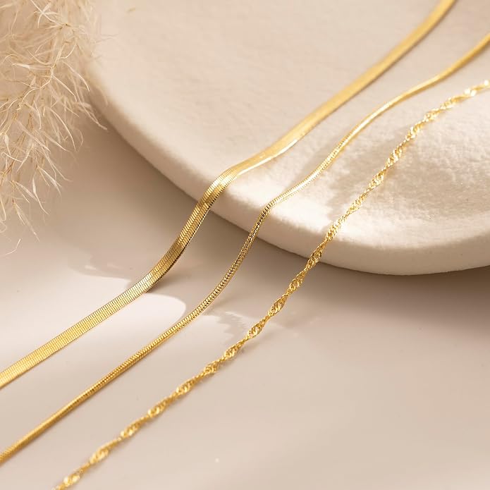 Tewiky Layered Necklaces for Women Non Tarnish- Chunky 14k Gold Plated Herringbone/Snake/Rope/Box/Cuban Link Chain for Women Waterproof Layering Stack Choker Necklace Trendy Dainty Tarnish Free Jewelry Set