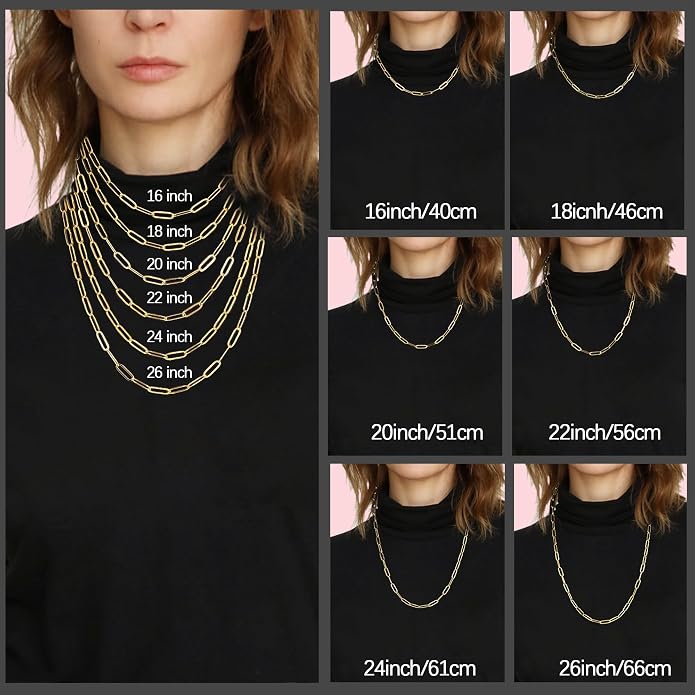 18K Gold Plated and 925 Sterling Silver Paperclip Chain Necklace for Women, 3mm 4mm Women's Chain Necklace, World's Top Craftsmanship Necklace for Women 16 18 20 22 24 26 Inch