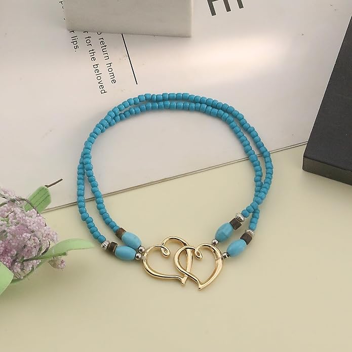 Elastic Beaded Ankle Bracelets for Women Double Heart Layered Stretch Ankle Bracelets Waterproof Dainty Boho Beaded Anklets for Summer Beach Foot Jewelry