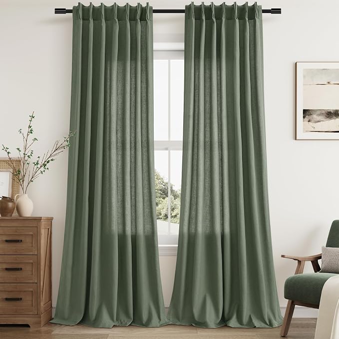 Olive Green Pinch Pleat Linen Curtains 120 Inches Long for Living Room Pleated Drapes Hooks Back Tab Light Filtering Boho Farmhouse Extra Long Semi Sheer 120 Inch Curtain for Dining Room Bedroom