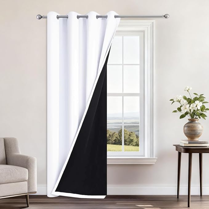 Yakamok Pure White 100% Blackout Curtains 96 Inches Long 52" Wide 1 Panel | Blackout Curtain Panels for Bedroom, 2 Thick Layers Grommet Top Thermal Insulated Drapes with Black Liner for Living Room