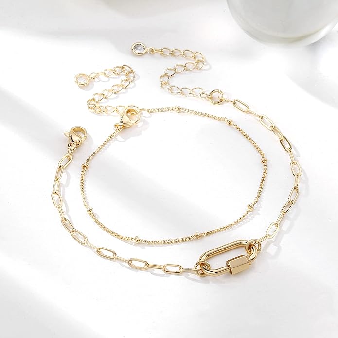 Dainty Gold Bracelets for Women, 14K Gold Plated Adjustable Layered Beads Bracelet Cute Evil Eye Oval Chain Pearl Bar Turtle Gold Bracelets for Women Jewelry