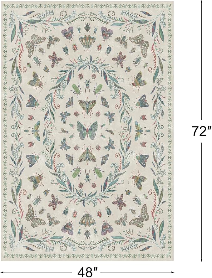 Light Green and Pink Rug 4x6 Rugs for Bedroom Under Bed - Insect Print Multi Color Decor, Low Pile Non Slip Stain Resistant Throw Rug for Nursery Room Boys, Kitchen, Floor Carpet Aesthetic