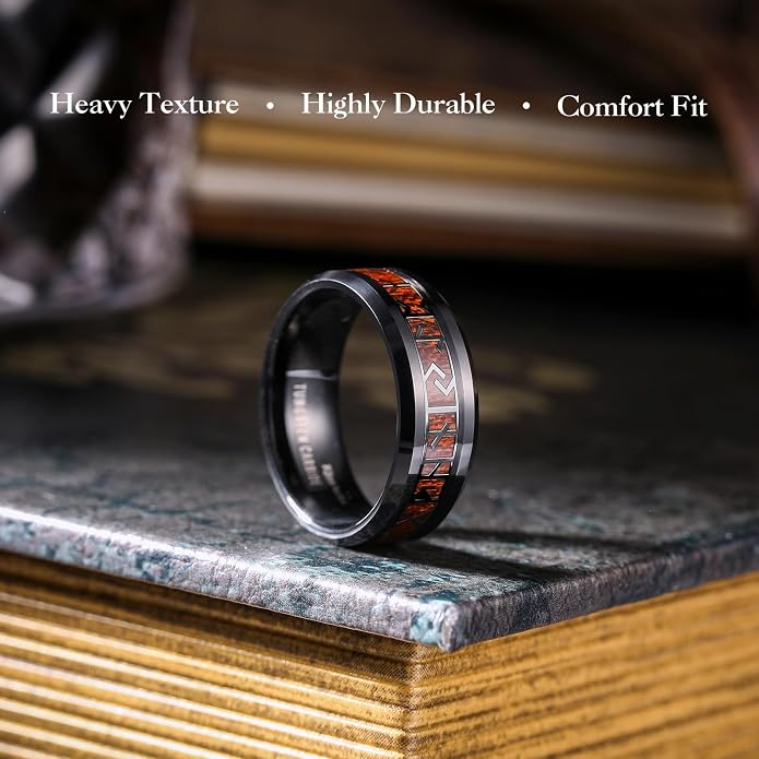 King Will Tungsten Carbide Wedding Band for Men - 8mm Black/Silver/Gold Plated with Norse Viking Rune & Hawaii Koa Wood Inlay Mens Ring, Polished Beveled Edge for Daily Wear, Comfort Fit Size 7-14