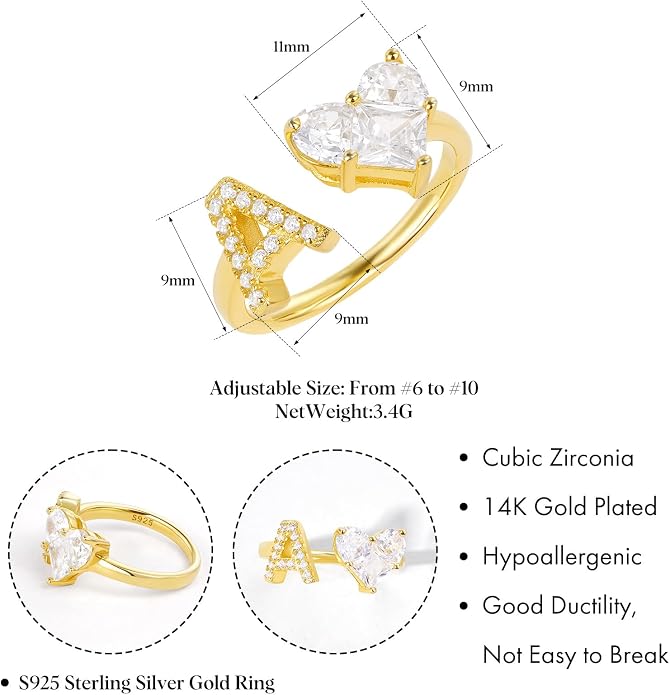 KissYan Sterling Silver Initial Heart Ring for Women, S925 Letter Rings 14K Gold Plated Open Adjustable Dainty Pave CZ Personalized Fashion Trendy Gifts for Mother's Day
