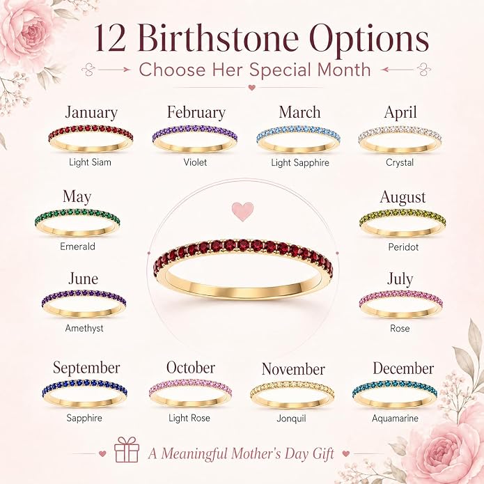 Birthstone Rings For Women, Silver Stackable Cubic Zirconia Stainless Steel Birth Stone Ring To My Daughter/Mom Birthday Unique Gifts Jewelry