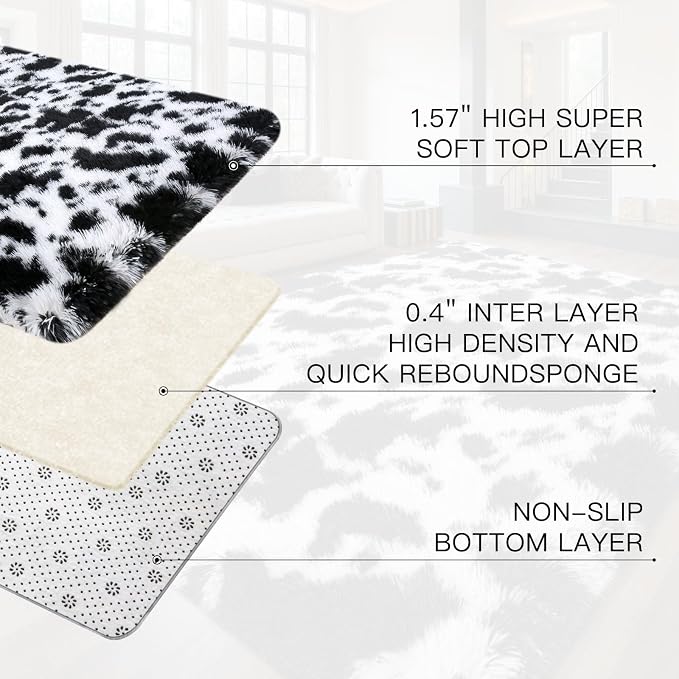 Sour Lemon 8x10 Area Rugs for Bedroom Living Room, Large Fluffy Shag Cow | Shaggy Carpet, Soft Plush Furry Bedside Rugs, Anti Slip,Washable Area Modern Rugs Floor Mat for Kids Girls Boys Living Room