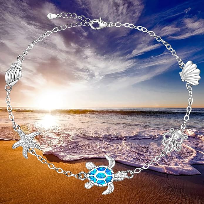 Sea Turtle Ankle Bracelets for Women Blue Opal Sterling Silver Beach Starfish Octopus Conch Ocean Anklets Jewelry Gifts