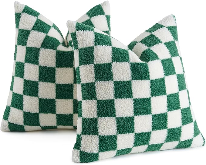 AmHoo Pack of 2 Decorative Throw Pillow Covers Checkerboard Luxury Super Soft Faux Fur Wool Set Case Cushion for Couch Sofa Bedroom 20 x 20-Inch Green