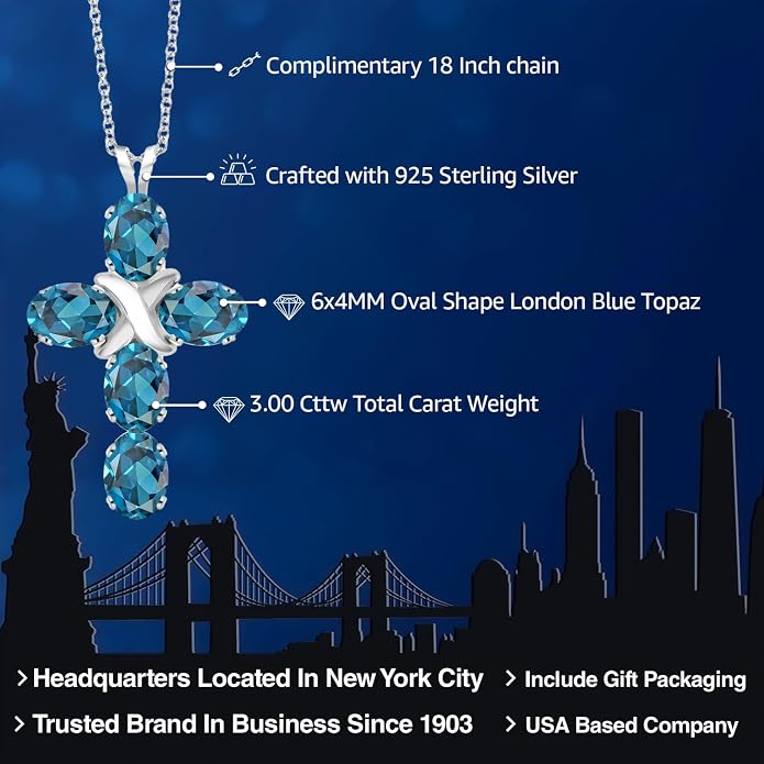 Gem Stone King Cross Pendant Necklace for Women | 925 Sterling Silver | 6X4MM Gemstone Birthstone | Jesus Christian Religious Crucifix Jewelry Gifts | 18 Inch Chain
