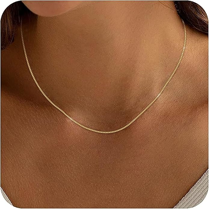 ASHINE 18K Gold Box Chain Necklace for Women, 1mm Italian Lobster Clasp Chains, Dainty & Sturdy Necklace with Silver Polishing Cloth Available in 16-36 Inch