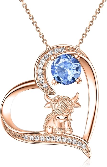 Highland Cow Gifts for Women 925 Sterling Silver Highland Cow Birthstone Necklace Fluffy Cow Jewelry Gifts Birthday Christmas