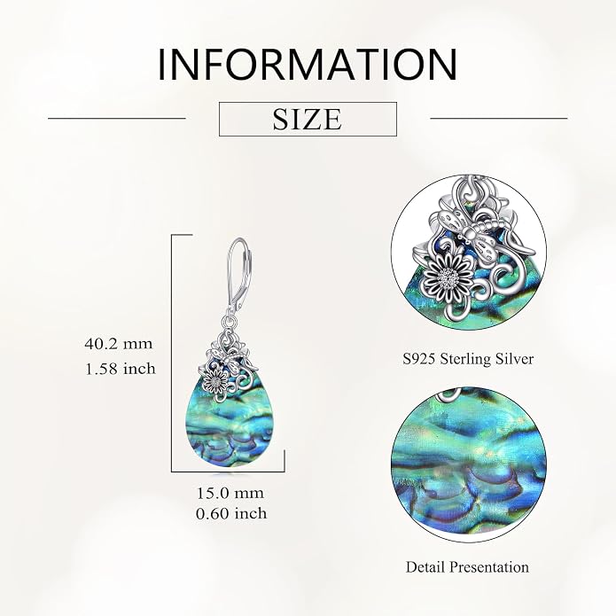 POPLYKE Dragonfly Butterfly Hummingbird Sunflower Earrings 925 Sterling Silver Abalone Shell Moonstone Leverback Earrings Jewelry