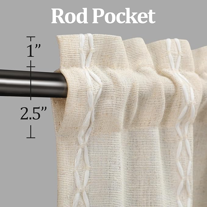 Boho Kitchen Cafe Curtains 25x24 Inch, Beige Linen Blend Embroidered Light Filtering Curtains for Small Kitchen Window, 2 Panels