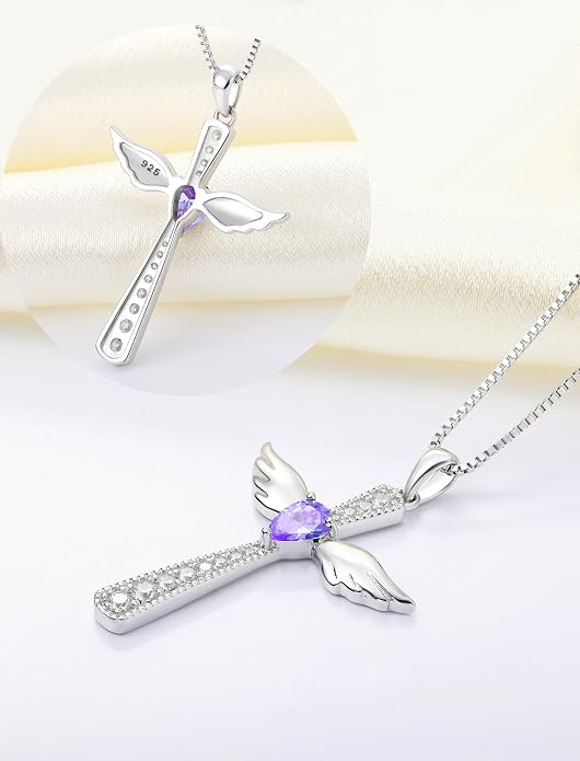 YL Cross Necklace 925 Sterling Silver Angel Wings Pendant Teardrop Birthstone Criss Jewelry for Women