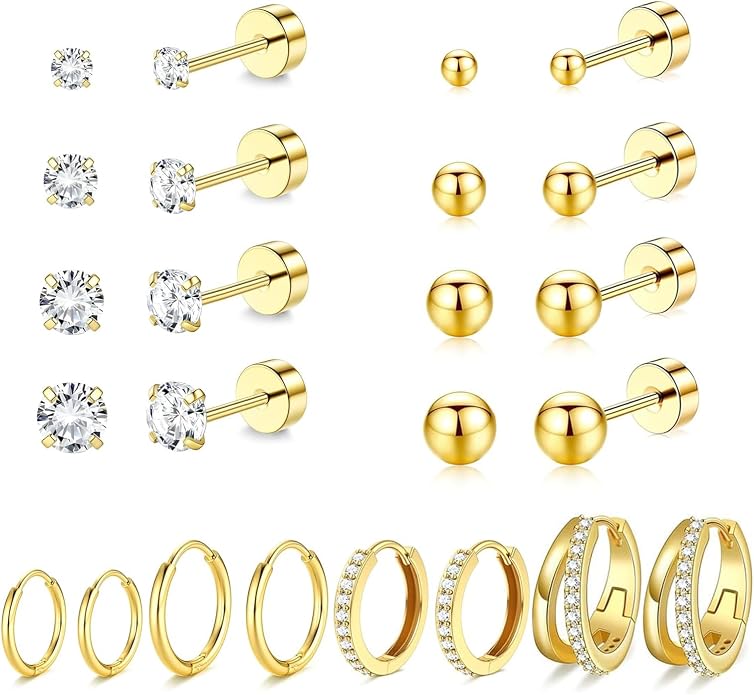 Stainless Steel Stud Earrings Set for Women Hypoallergenic Flat Back Cartilage Earrings Screw Back Huggie Hoop Earrings Multiple Piercing Cubic Zirconia Helix Tragus Jewelry