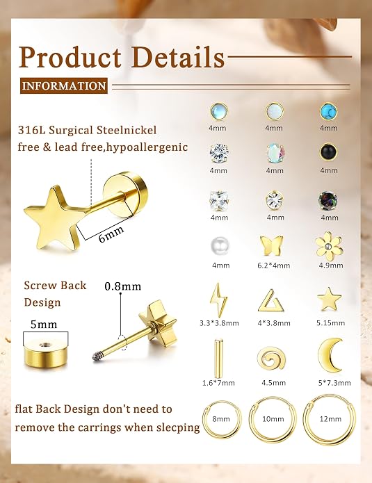 LOLIAS 21Pairs Surgical Steel Flat Back Earrings Hypoallergenic 20G Screw Back Nap Stack Cartilage Earring Stacks