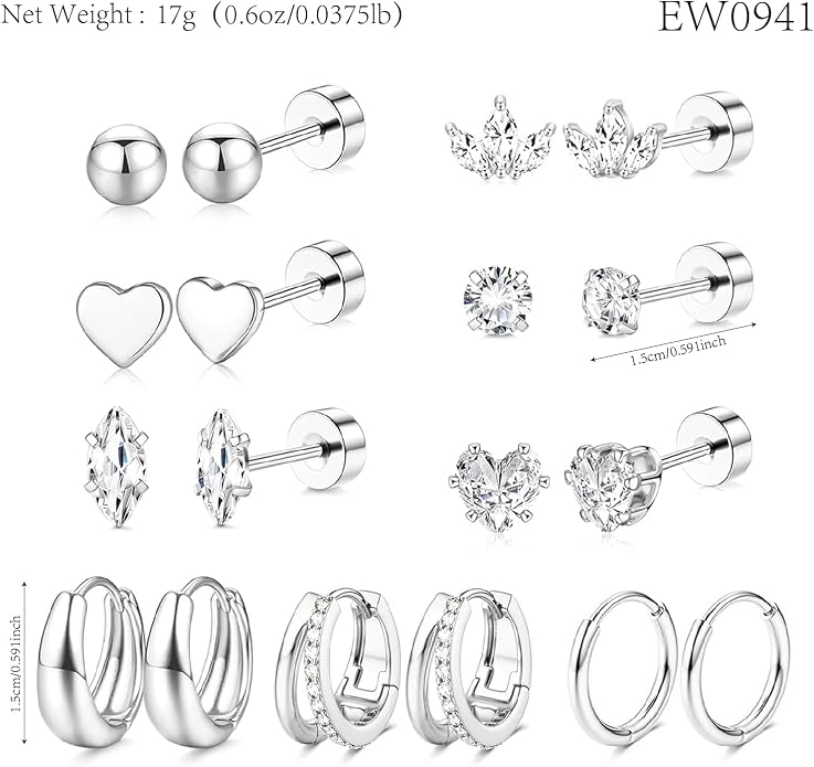 Stainless Steel Stud Earrings Set for Women Hypoallergenic Flat Back Cartilage Earrings Screw Back Huggie Hoop Earrings Multiple Piercing Cubic Zirconia Helix Tragus Jewelry