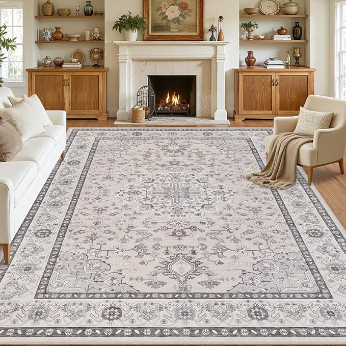 10x12 Area Rug for Living Room: Vintage Boho Neutral Washable Rug Indoor Soft Large Area Rug Carpet for Bedroom Nursery Farmhouse Dining Room Office Floor Non-Slip Low Pile Under Table Beige & Grey