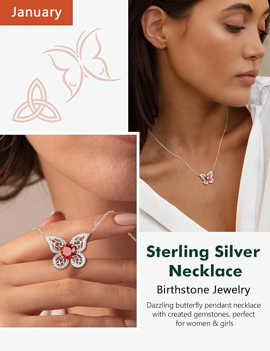 925 Sterling Silver Birthstone Necklaces for Women, Dainty Cute Dragonfly/Butterfly Pendant Necklace, Great Christmas/Anniversary Jewelry for Mother
