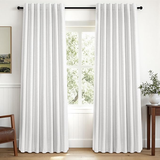 White Linen Blackout 92 Inch Curtains 2 Panels for Living Room Bedroom Thermal Insulated 100% Black Out Linen Back Tab Pleated Drapes Room Darkening Modern Neutral Window Curtains Ivory White
