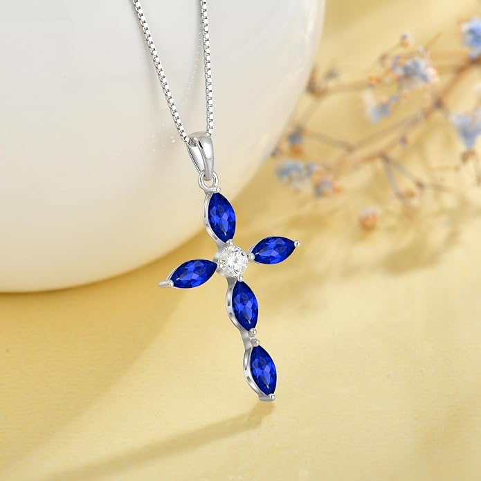 JO WISDOM Cross Necklace for Women,925 Sterling Silver Birthstone Necklaces Cubic Zirconia Cross Pendant Necklace Dainty Jewelry Gifts