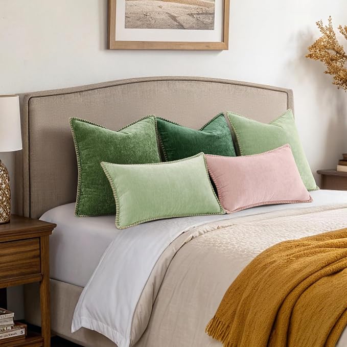 decorUhome Soft Chenille Throw Pillow Covers 22x22 Set of 2 Sage Green | Fall Textured Decorative Throw Pillow Cases Stitched Edge Modern Farmhouse Luxury Boho Velvet for Couch Sofa Bed Home Decor
